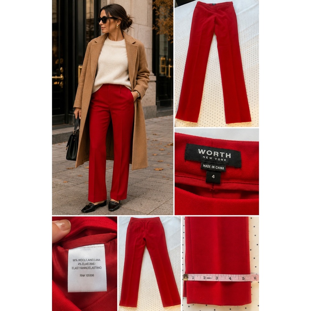Worth New York Red Wool Pants Size 4 Straight Leg High Rise Career Trouser